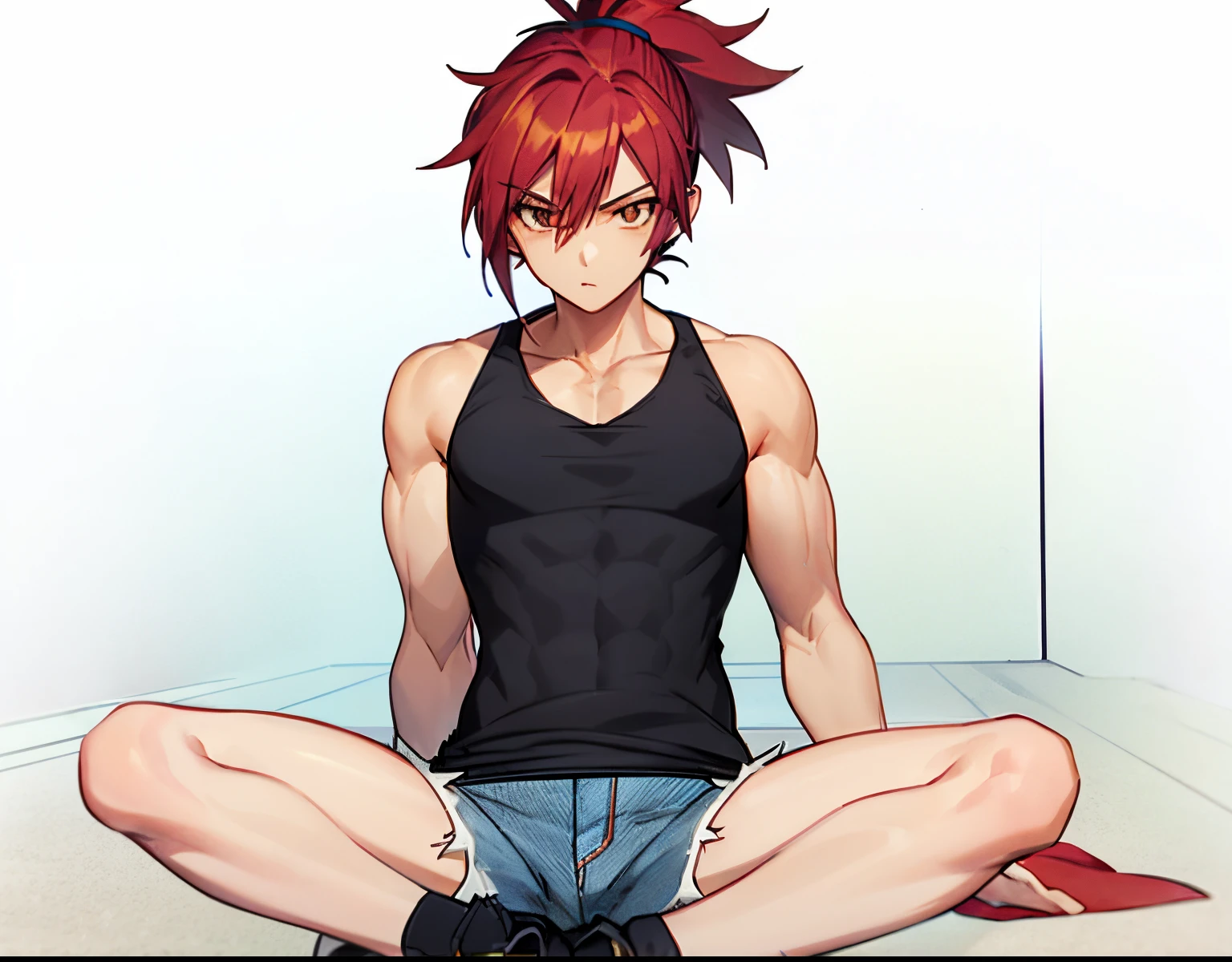 Red haired anime boy sitting on floor with legs crossed, Anime Boy, anime style character, garments:Black tank top, boy wearing denim shorts, In anime style, anime styled, Anime style, Muscular men, Knight of Zodiac Boy, short ponytail red hair, In an anime style, masculine and muscular, Bare arms, Bare shoulders,