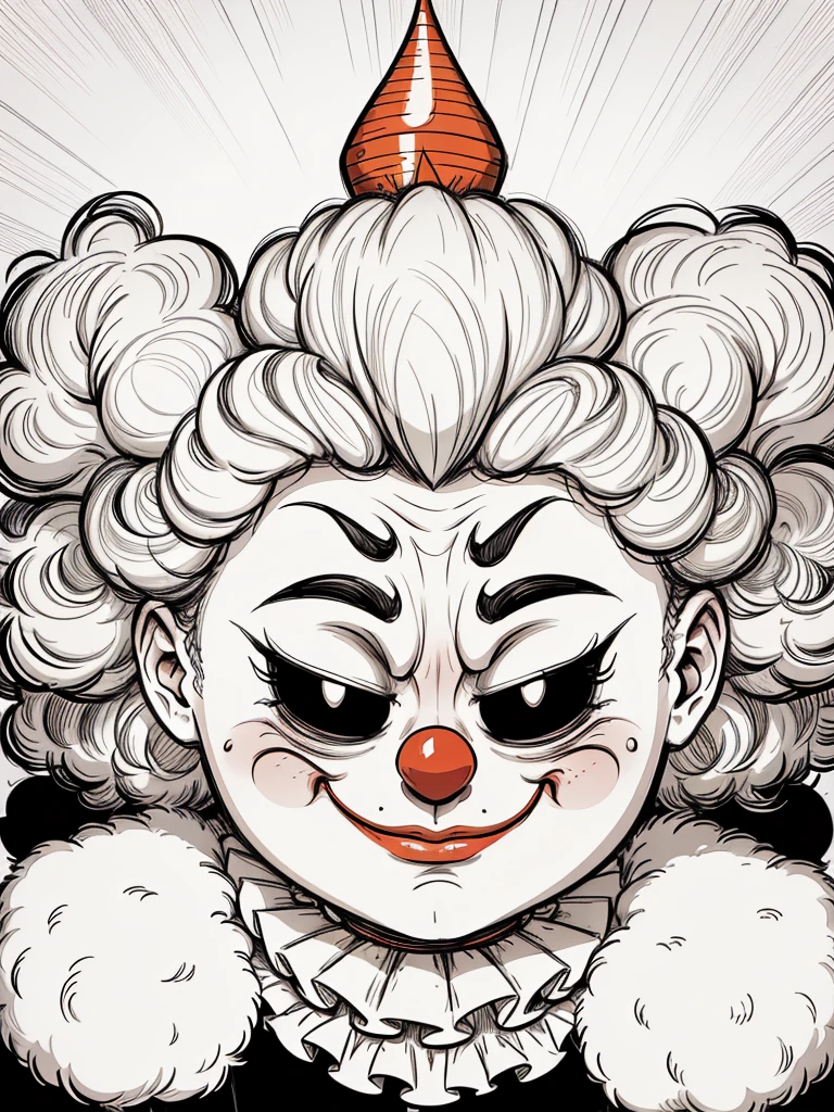 line art:High quality design vector style image, Spooky clown🤡,Fluffy curls,line sleek,Exquisite totem, Vector Image.Weird