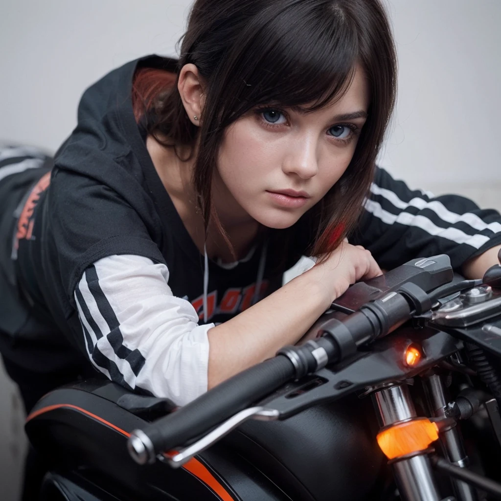 (best quality,Realistic:1.2), ultra-detalhado, , vivid colors, fotorrealista, cabelo preto com pontas vermelhas, serious expression with expressive look
, Olhos azuis claros
