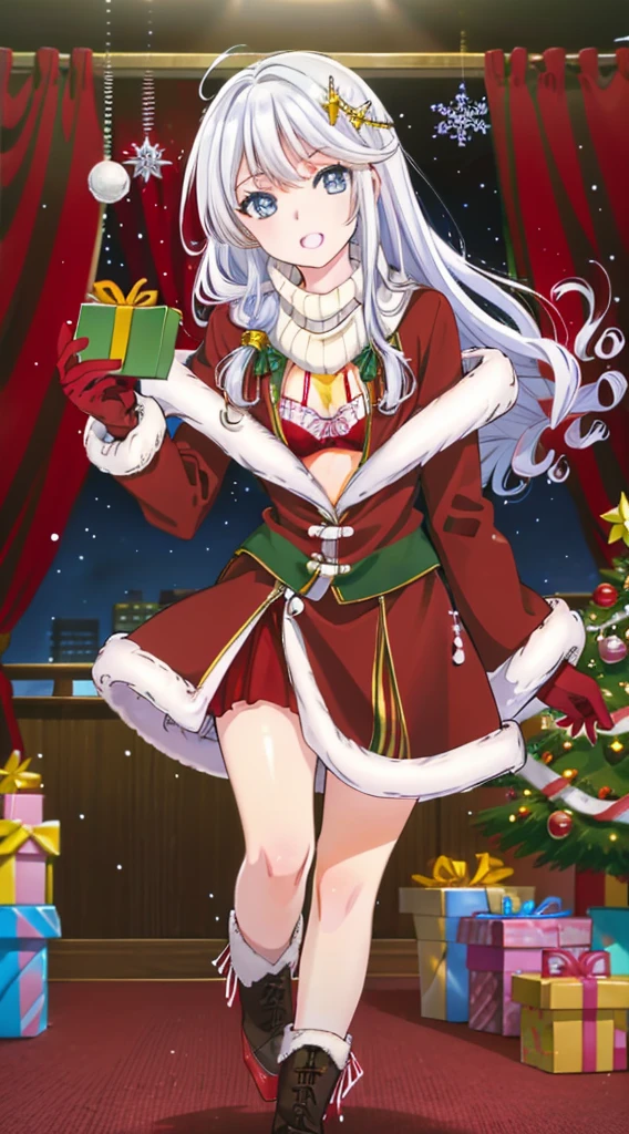 masterpiece, best quality, 1 solo girl, white hair, blue eyes, long hair, wavy hair, Christmas ornaments, medium breasts, mature body and face, red christmas dress, christmas, christmas light, christmas tree, red gloves, red santa skirt, holding gift, red bra, red panty, leg up, cowboy shots, sexy pose, dakimakura, detailed body, face, and eyes, sharp focus, vibrant, creative, dynamic, high definition, high resolution, 8k, (Upscale: R-ESRGAN 4x+ Anime6B), (Image enchance:4x), voluptuous body