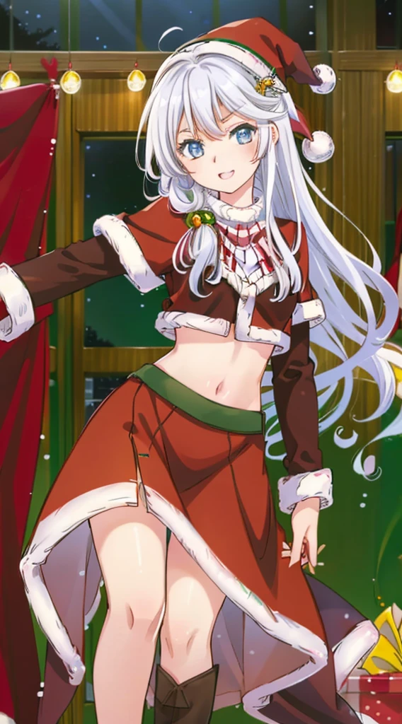 masterpiece, best quality, 1 solo girl, white hair, blue eyes, long hair, wavy hair, Christmas ornaments, medium breasts, mature body and face, red christmas dress, christmas, christmas light, christmas tree, red gloves, red santa skirt, holding gift, red bra, red panty, leg up, cowboy shots, sexy pose, dakimakura, detailed body, face, and eyes, sharp focus, vibrant, creative, dynamic, high definition, high resolution, 8k, (Upscale: R-ESRGAN 4x+ Anime6B), (Image enchance:4x), voluptuous body