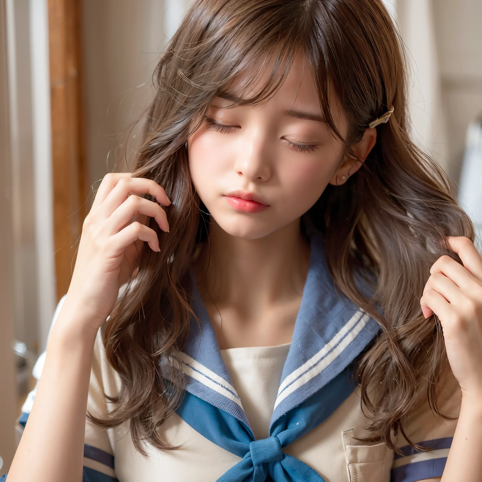 Bring the smartphone closer to your ear、Holding your smartphone in your right hand、Japanese high school girl