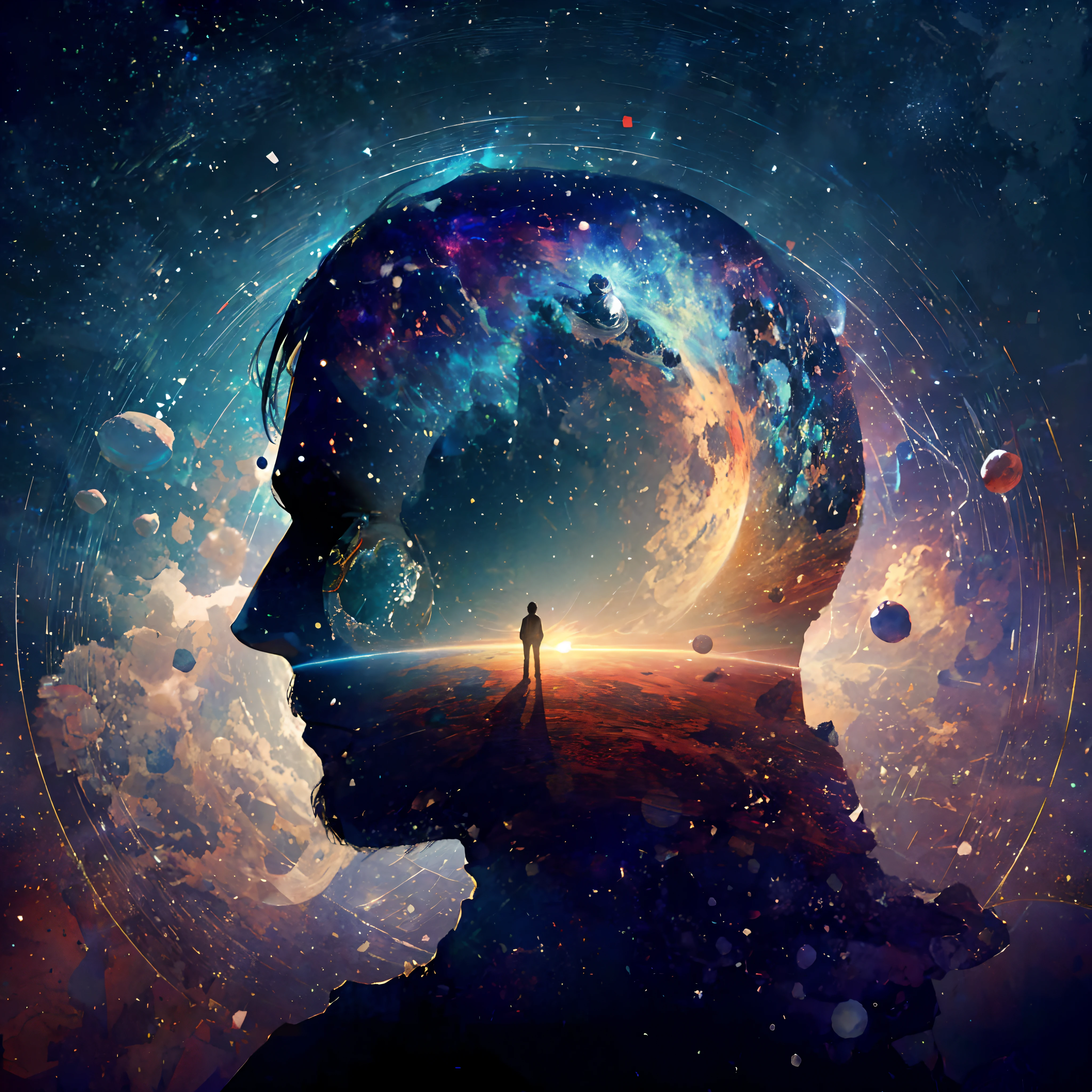 a man standing in front of a space filled with planets, his mind contemplating eternity, consciousness projection, face melting into the universe, they reach into his mind, the rise of consciousness, elevated consciousness, mind exploration, rasing of consciousness, infinite consciousness, cosmic enlightenment, in the astral plane ) ) ), an interdimensional being, distributed consciousness