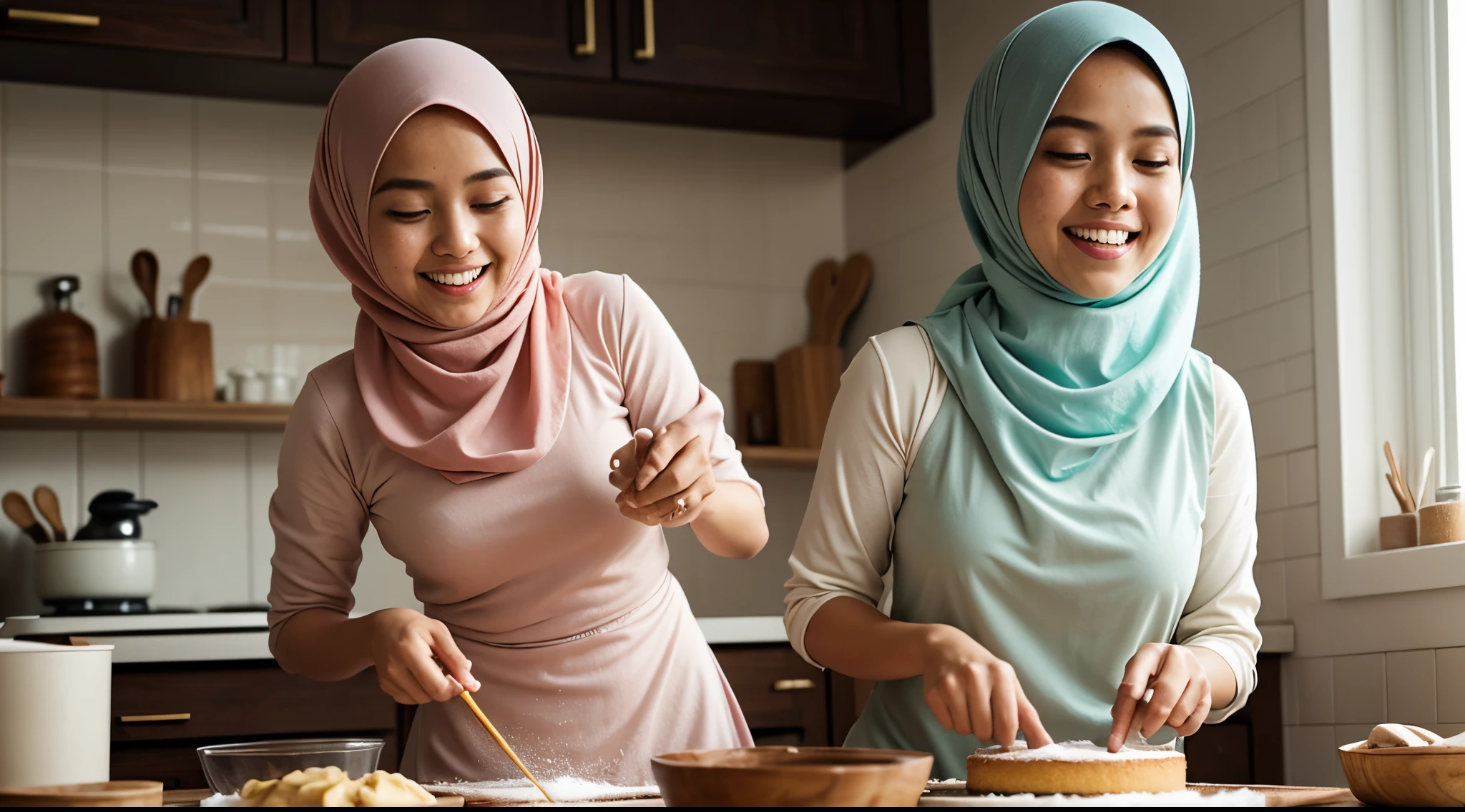 (photorealism:1.2), a top view of two malay hijab beauty girl,, wear a shabby blouse shirt and a batik sarong  sitting on a floor in a traditional kitchen, a girl is pouring a milk into a wok and her friend is pick up a plate of meal, old urn, top aerial angle, in a morning sunshine, 