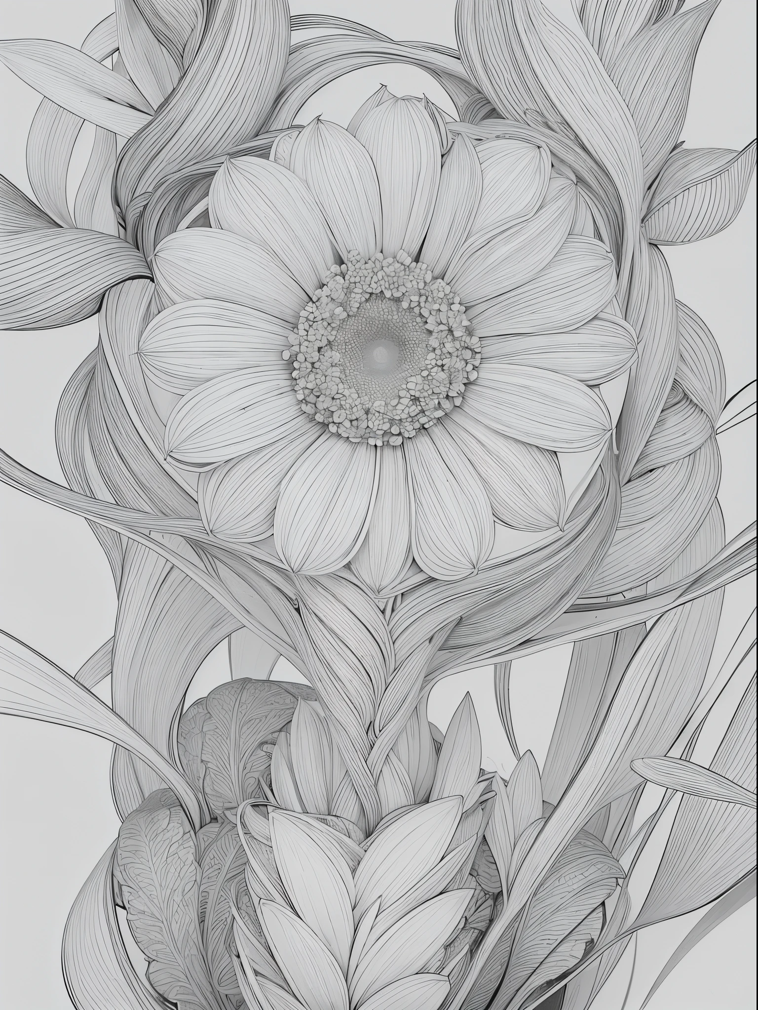 Line Art, an image of plants obtained from an interweaving of thin curved lines, Fine lines, black lines on white background