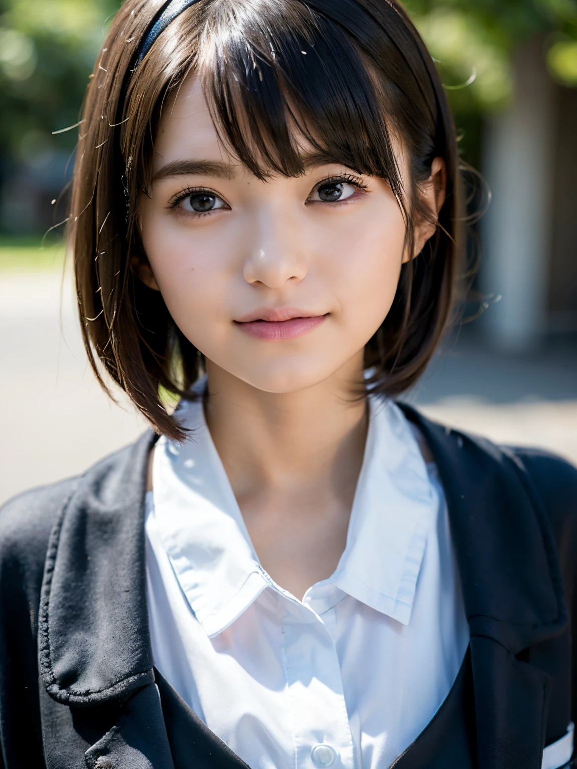 (school uniform:1.5), (photorealistic:1.4), (best quality:1.0), (ultra highres:1.0), 8k, RAW photo, (masterpiece:0.2), ultra-detailed, close short, 1girl, beautiful skin, detailed skin, looking at viewer, full body, (short hair:1), smile, (closed mouth:1)