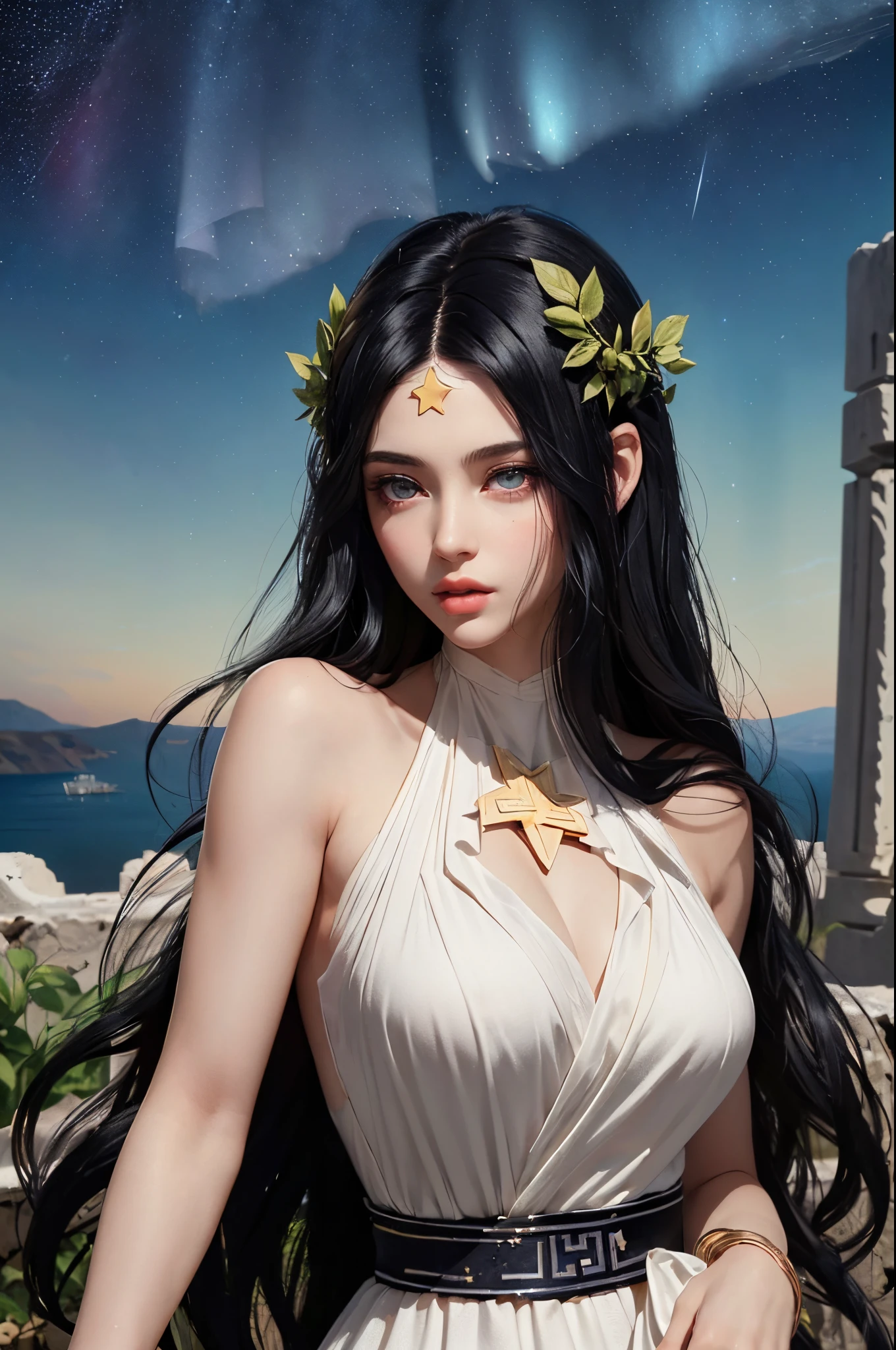 (((Greek goddess)))best quality, very high resolution, 4K detailed CG, master piece, (stars that make up the sky: 1.7), fictional art, beautiful and detailed eyes, beautiful and detailed irises, RAW photos, best photos, Greek mythology, hera, goddess of agriculture, beautiful clear face and well-proportioned eyes, very beautiful and meticulous hair makeup, (long and delicate black hair, delicate, body image: 1.8),(high skin detail: 1.1), plantations, Greece, agriculture, Greek garden, columns Greek,(( goddess Hera)),greek mythology, goddess of cultivation, aesthetics, Beautiful image, centered on the screen, aurora beautiful and flowery, (more details:0.8), white silk costumes, Greek mythology costumes, vivid colors, wide hips, strong muscles line, best hair jewelry,