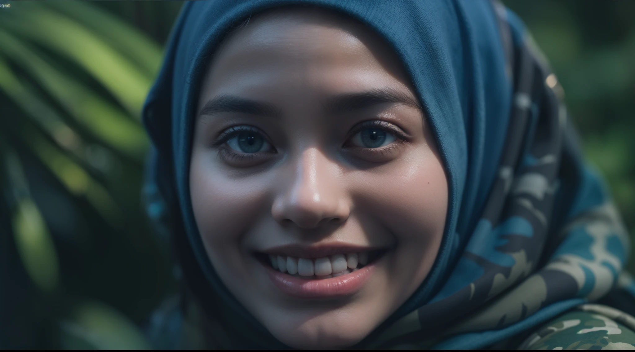 4 beautiful matured 40 years old malay girl in hijab in a dark jungle, wear bright blue digital camouflage military uniform, bright blue military uniform, army cadet, blue digital camouflage, friendly and laughing situation, laughing, happy, detailed skin texture, soft lighting, high quality, movie shot framing, ultra detail, 8k, style raw, cool color grading, Super 8mm lense, Establishing shot, Deep Focus cinematography effect,