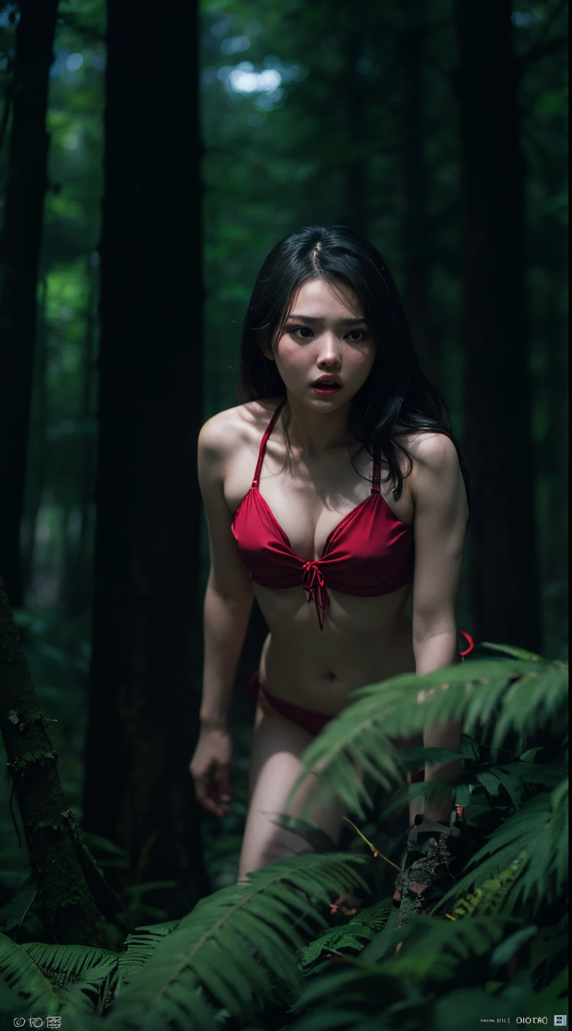 A film still of Maria Ozawa wearing red bikini try to escape from the dark forest, horror theme, scared face, Prores lense, Low angle close up shot, dark green color grading, cinemascope, natural light, Dynamic shadows, horror film, high quality, ultra detail, 8k, Panavision DXL2 camera