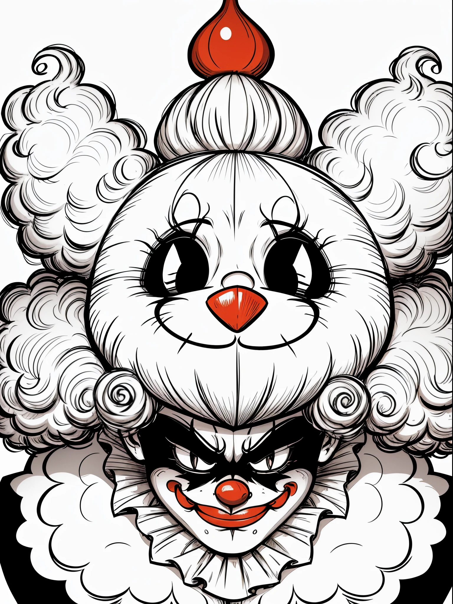 line art：High quality design vector style image,  Spooky clown🤡，Fluffy curls，line sleek，Exquisite totem， Vector Image.Weird