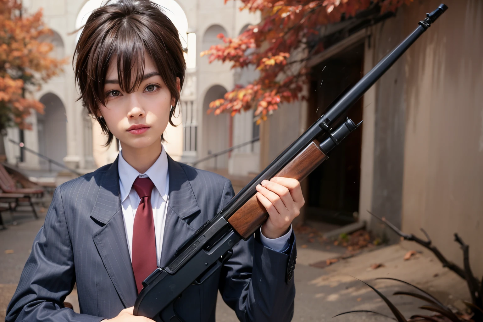Guy with short dark brown hair and a perfect we'll kept thick eyebrows in a business suit holding a shotgun.