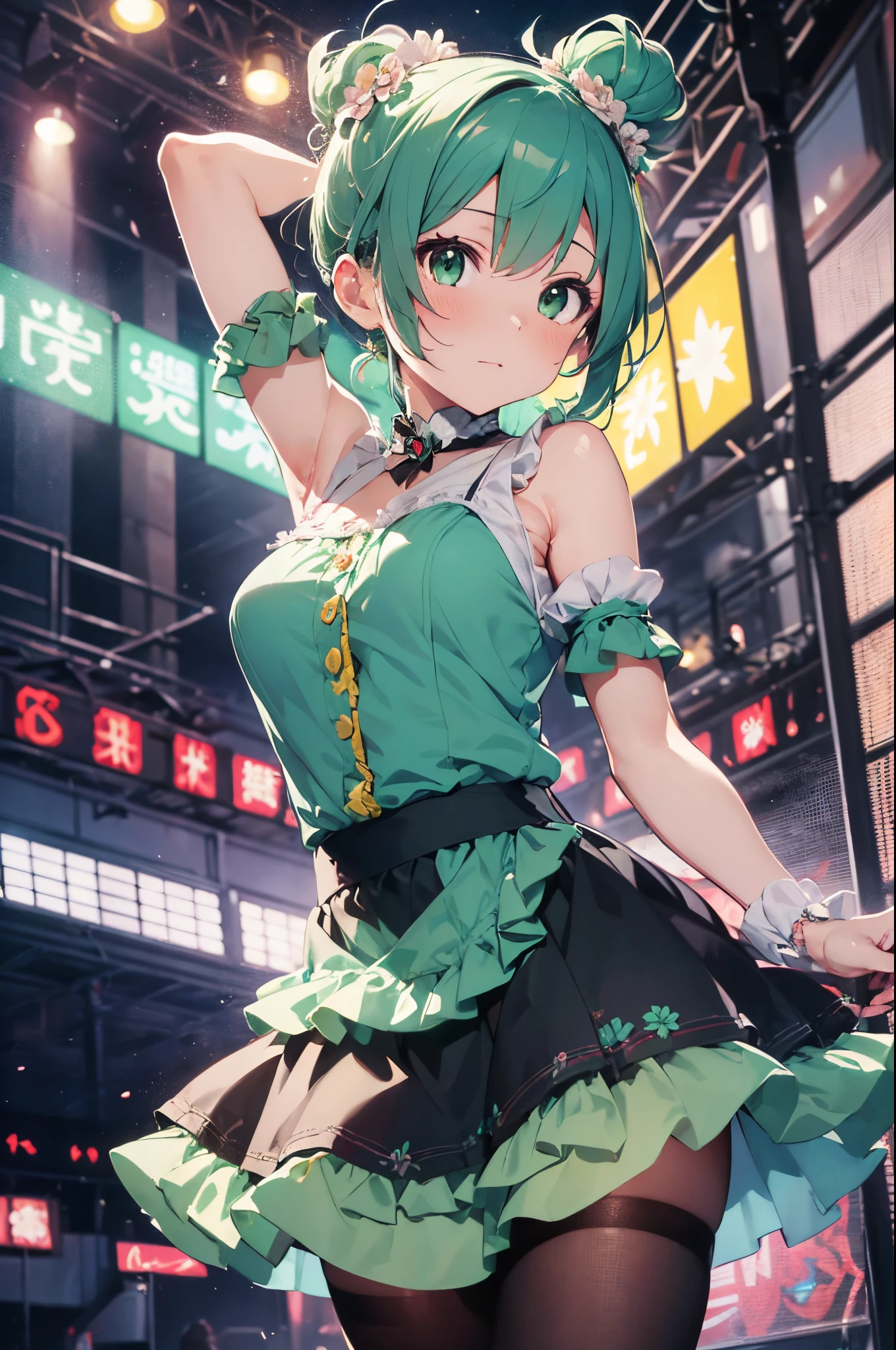 (Best Picture Quality, 4K, High Quality, Masterpiece:1.2), ((Masterpiece)), High Detail, High Quality, (HDR,16k, RAW Beautiful Girl Portrait, Best Picture Quality, Masterpiece:1.2), (Ultra-Definition Illustration), (nsfw:1.3), showing armpits, idolmaster, idol costume, on the live concert stage, (young teen), spotlight, Generate an image of an anime idol with a simple hairstyle tied into a mint green ponytail, mint green hair, Make your eyes a refreshing green color, extremely cute, sleeveless, detached sleeves, (mint green & yellow gorgeous frilled dress with lots of flower stitches:1.3), do not use black on dress, tiara, white pantyhose,