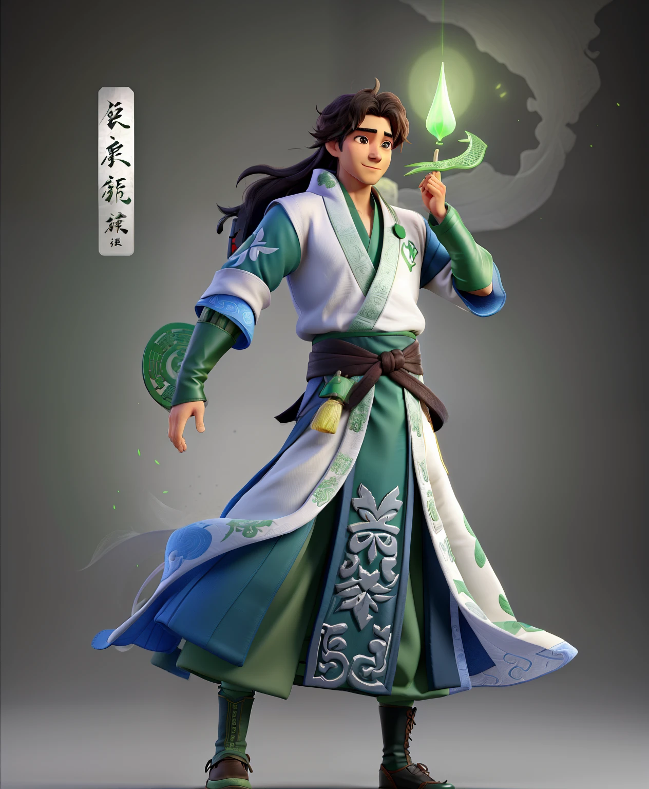 a man wearing a chinese robe,holding green rune