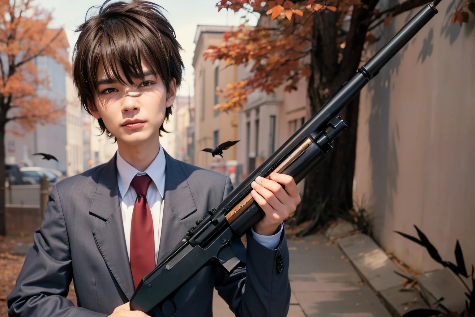 Guy with short dark brown hair and a perfect we'll kept thick eyebrows in a business suit holding a shotgun.