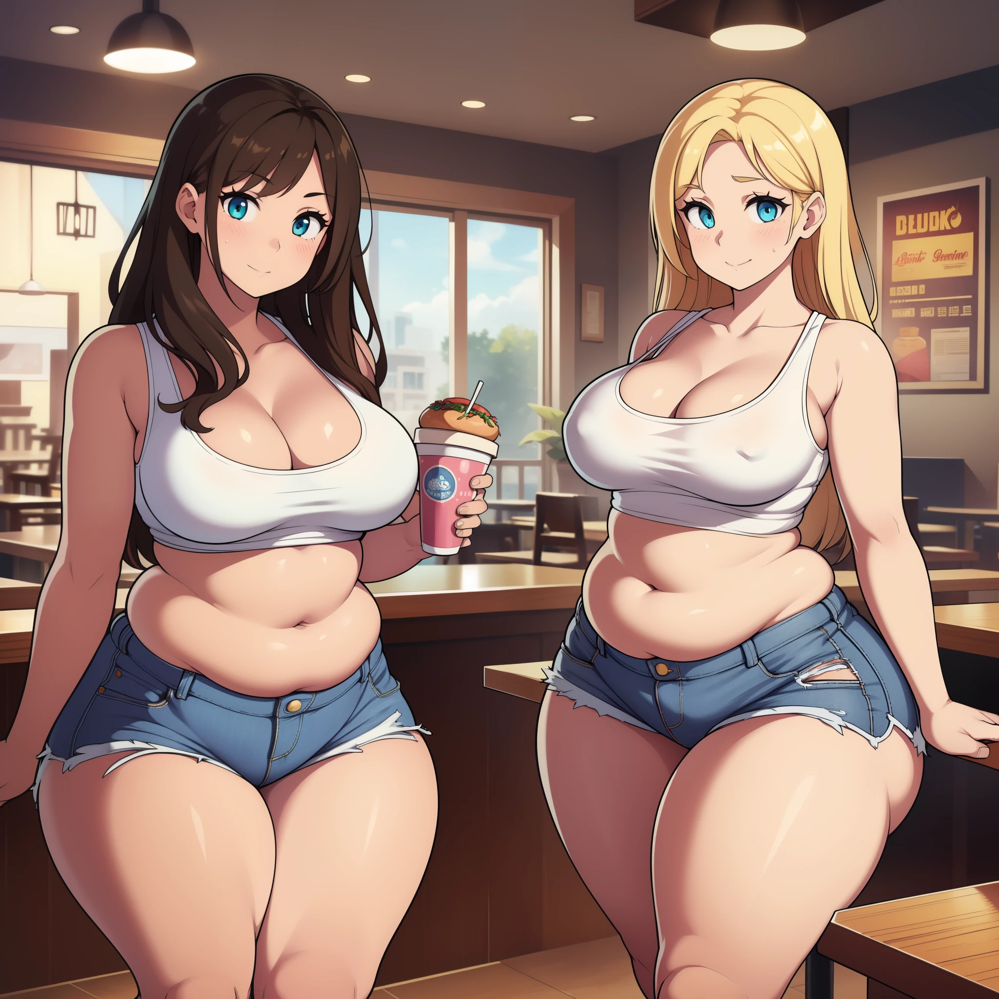 ((highres)), Masterpiece, high quality, best quality, beautiful, perfect lighting, detailed face, ultra cute face, ((2girls)), one girl has blonde hair, blue eyes, crop top and shorts, one girl has brown hair, green eyes, jeans, white tank top, tight clothes, full body, fast food restaurant, medium breasts, perky breasts, cleavage, ((wide hips)), ((thick thighs)), ass, ((chubby)), pudgy belly, fat folds, standing,