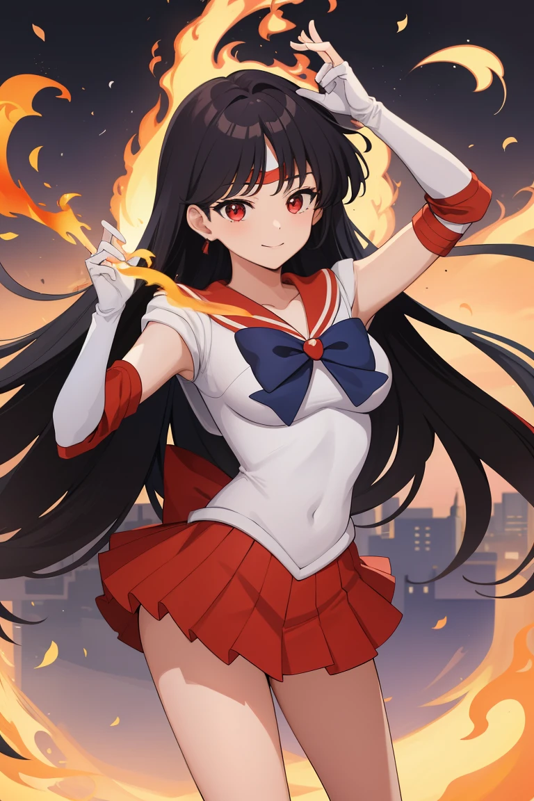 masterpiece, best quality, absurdres, perfect antomy, 1girl, solo, SMMars, very long hair, parted bangs, sailor senshi uniform, red sailor collar, red skirt, elbow gloves, standing, cowboy shot, smile, cartoon flames in background,night view,city light background,dynamic pose,