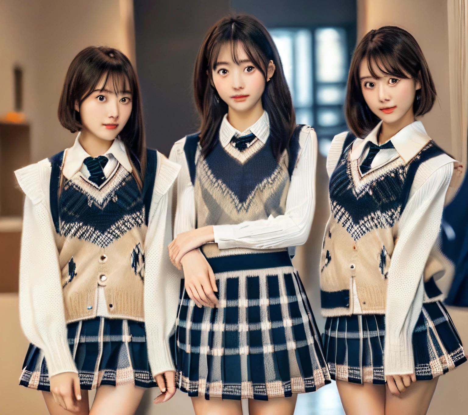 (group shot:1.5),
(perfect face), (detailed face), (beautiful face), wistful face, young face, ultra detailed, best quality, ((masterpiece)), stunning art, beautiful hair, perfect legs, shining eyes,(3 girls:1.3),(short hair:1.2),(school uniform,plaid-mini skirt,sweater vest:1.6),(((bedroom))),from above,looking_at_viewer,happy_face, (knees to chest:1.6),(panties shot,tone panties:1.4),