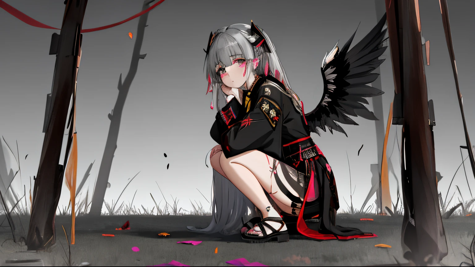 A cute girl with black wings with many feathers on her back，The wings are large，A pair of black eyes，Have light dark circles，Expression tired，light gray long straight hair，The body is covered with cloth of various colors mixed together, but the color is mainly dark.，Sitting on a piece of burned grass with legs crossed and only ashes left.，There are burning ashes floating around，cold shades
