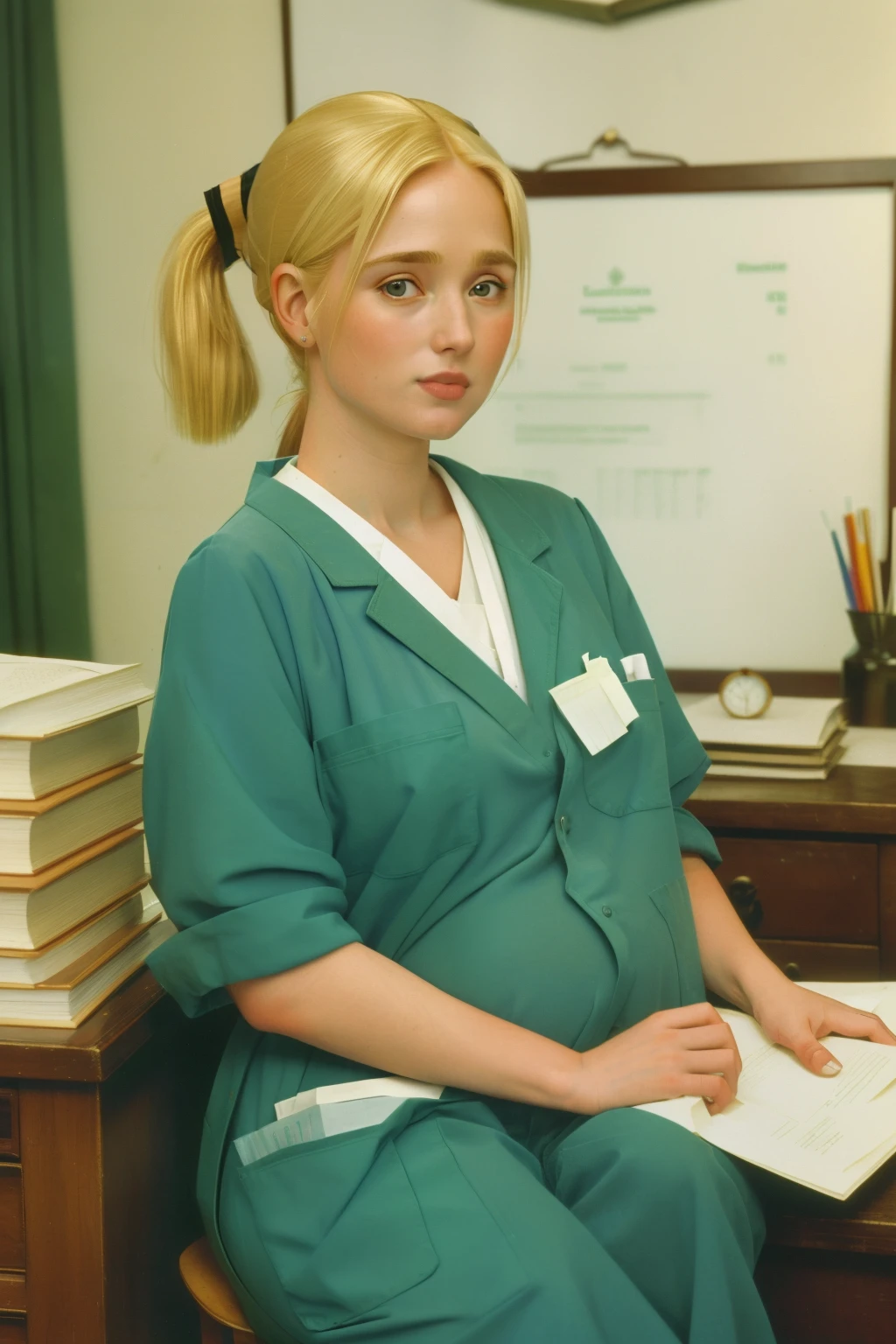 1997, Berkshire County, Massachusetts. Pre-raphaelite (((35-year-old blonde woman))), pregnant, sanitarian, happy expression, shy smile, rustic clinic, desk with documents, ((((scrubs uniform from the 1990s)))), (((blonde short hair in a ponytail))), ((Wes Anderson cinematic style)), colorful