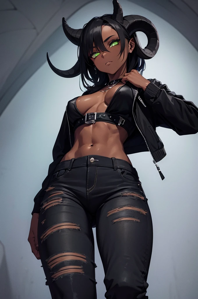 (Masterpiece) (High Detail) (High Res) (Black Skin) Looking from below A tall black humanoid FutEred with dark skin and ebony flesh and green eyes and short black hair and half her head shaved and goat ears and short dark goat horns and a toned body and average to small breasts and wearing a jacket and jeans dressed like a punk with a crotch bulge