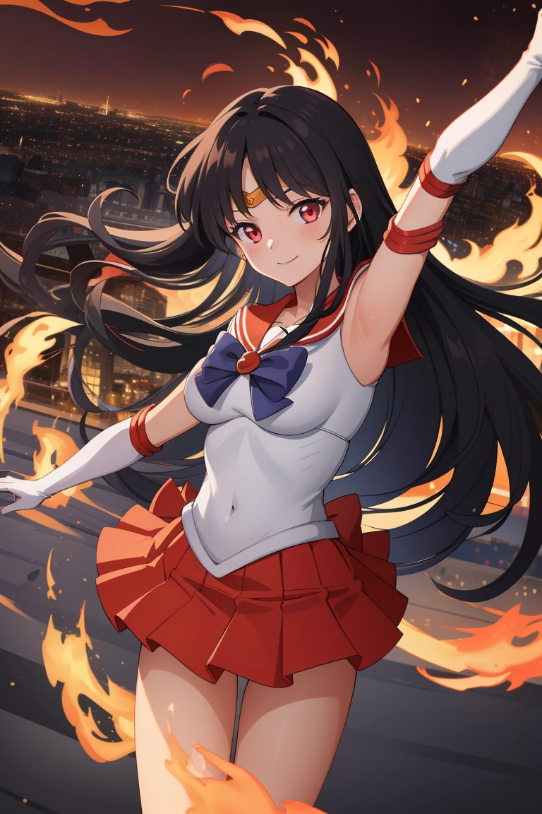 masterpiece, best quality, absurdres, perfect antomy, 1girl, solo, SMMars, very long hair, parted bangs, sailor senshi uniform, red sailor collar, red skirt, elbow gloves, standing, cowboy shot, smile,[cartoon flames in background],((night view,city light background)),dynamic pose,