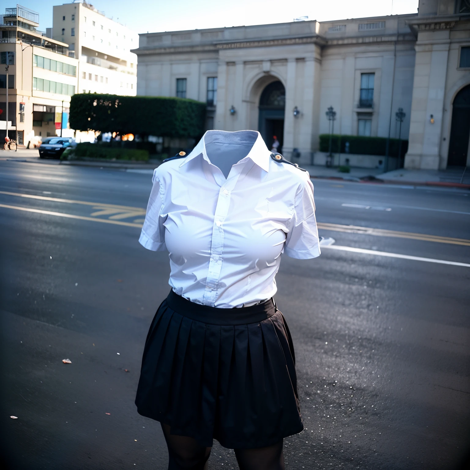 chubby, fat, school uniform, school tie, going home from school, school bag, black tights, (sopping clothes), (Swayback stance, Seductive pose), (invisible:1.5, no humans:1.5, headless:1.5, faceless:1.5), ((cute big breasts)), (close-up shot of breasts), (8k, RAW photo, best quality, masterpiece:1.2), (realistic, photo-realistic:1.37), photon mapping, radiosity, ((Hasselblad photography)), physically-based rendering