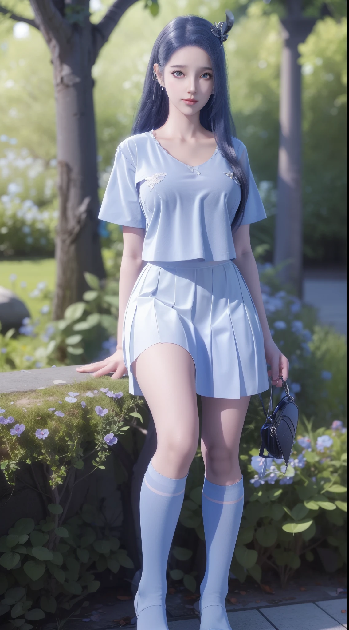 Arad woman wearing short skirt and white shirt posing for photo, Surrealism female students, Surrealism female students, realistic school girl, photorealistic anime girl rendering, stockings and skirt, 3 d anime realistic, Curvy little li, Wear skirts and high socks, photorealistic anime, cute female student, realistic anime 3D style, female student，only revealing his upper body