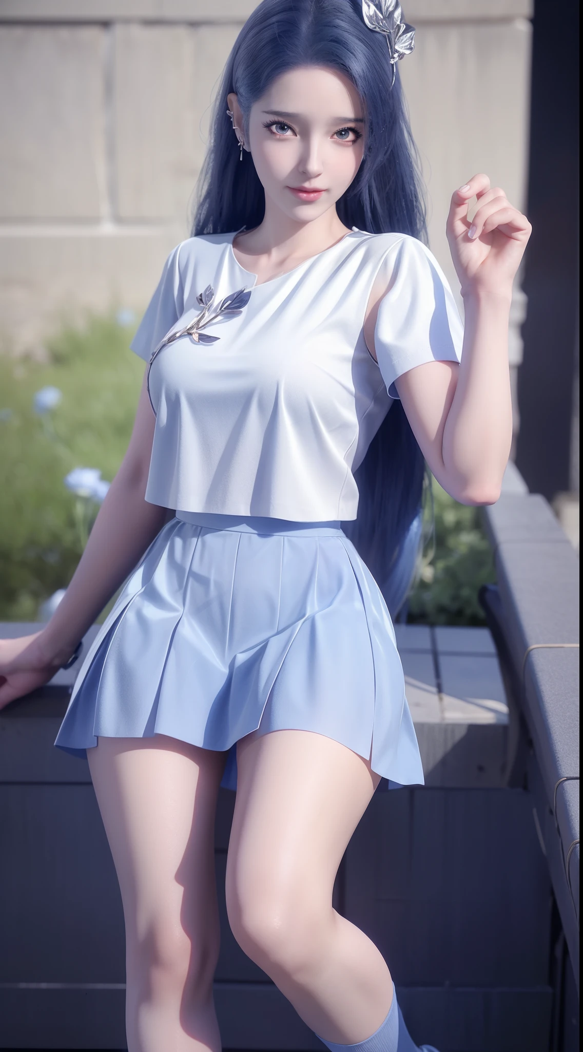 Arad woman wearing short skirt and white shirt posing for photo, Surrealism female students, Surrealism female students, realistic school girl, photorealistic anime girl rendering, stockings and skirt, 3 d anime realistic, Curvy little ****, Wear skirts and high socks, photorealistic anime, cute female student, realistic anime 3D style, female student，only revealing his upper body