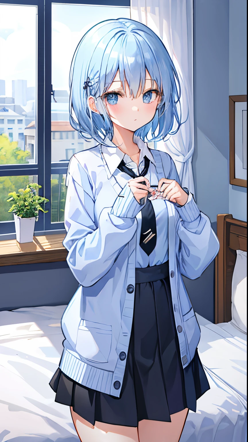 Beautiful illustration、top-quality、prety woman、Bedroom、lightblue hair、Happiness、Black miniskirt、White blouses、long、Tie Black、cardigan light blue、natta