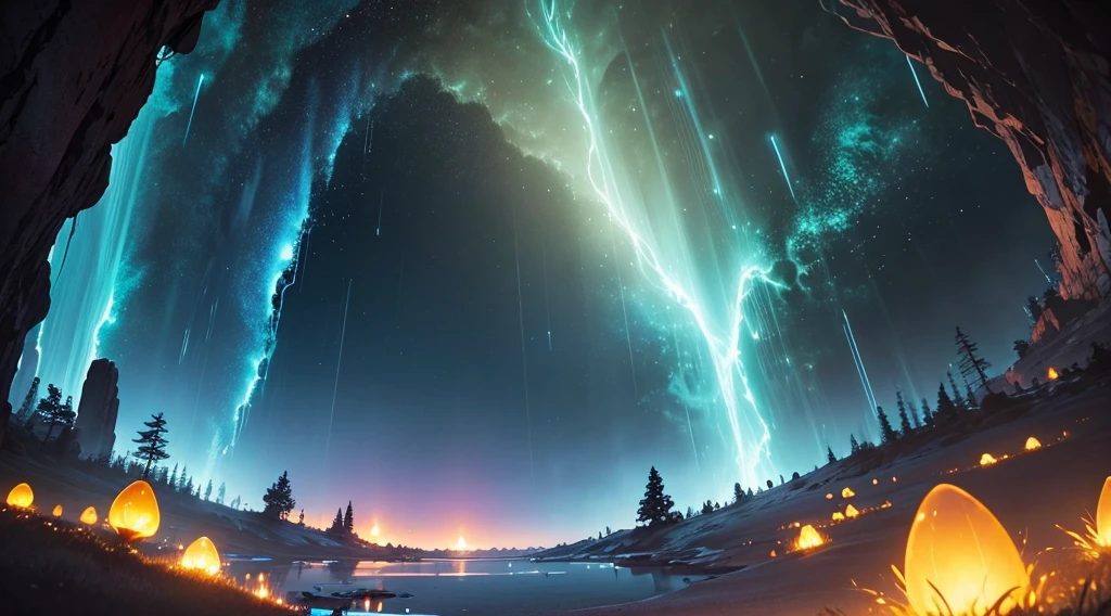 High-quality 4K cinematic representation from Pixar, illustrating a mystical cave set in an enchanted forest, iluminada pelos raios dourados do sol poente, a spectacle of bioluminescent fireflies providing dancing lighting against the cave's rocky interior, mystic forest, ensolarado, Brilho do Vagalume, cinematograficamente envolvente, estilo disney, Sunset tones, sombras indistintas, luscious greenery, luminous spectacle, magical ambiance.