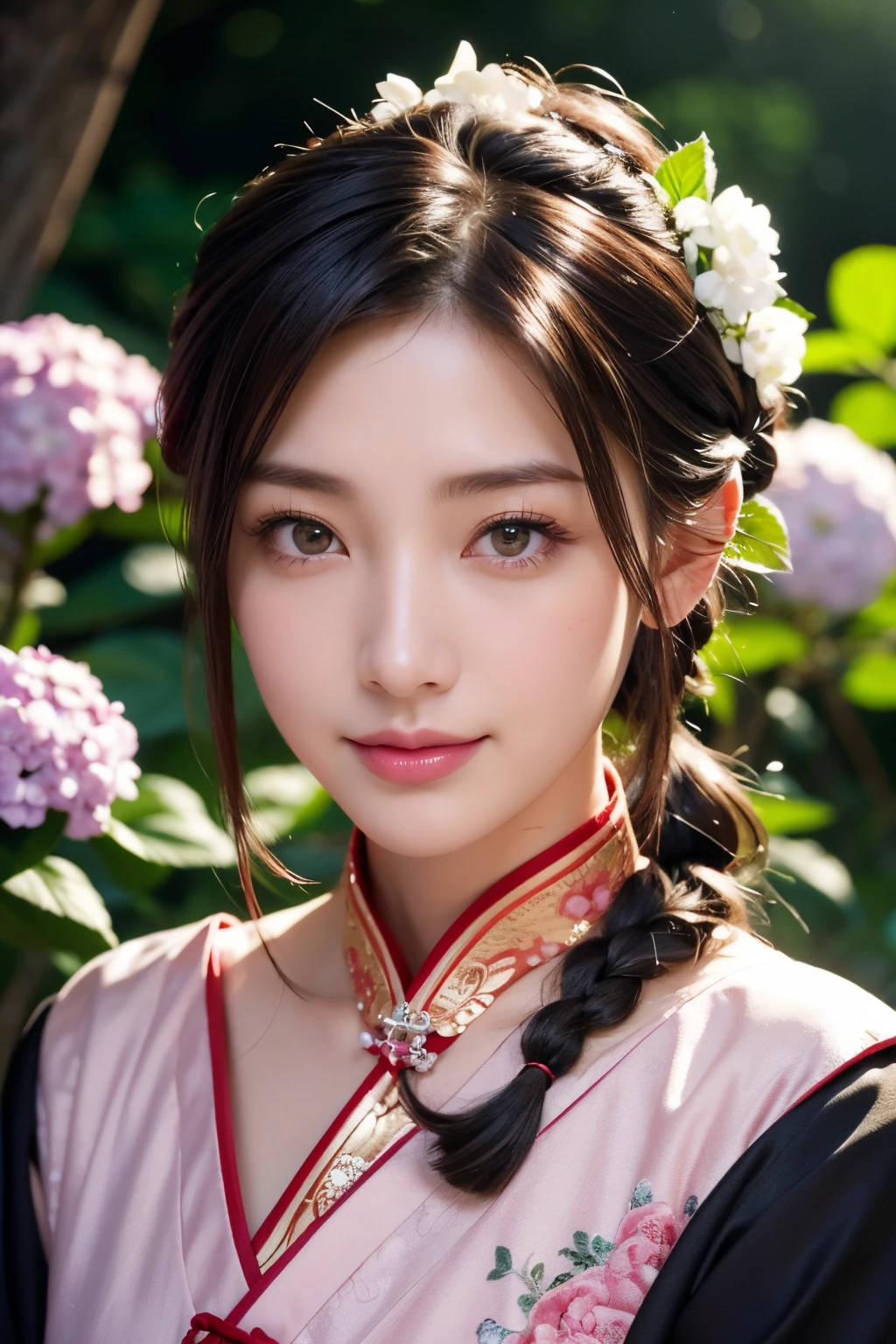 masutepiece, best, Night, fullmoon, 1 female, Mature Woman, Chinese style, Ancient China, Older sister, Royal sister, Smile, dark brown hair, Dark hair, Princess Cut, braid, Curly hair, Double ball head, pale pink lips, Calm, Intellectual, Medium Hair, green pupils, Hairpin, hydrangeas, Delicate face, Face Close-up, Hand close-up, ((facial close-up))