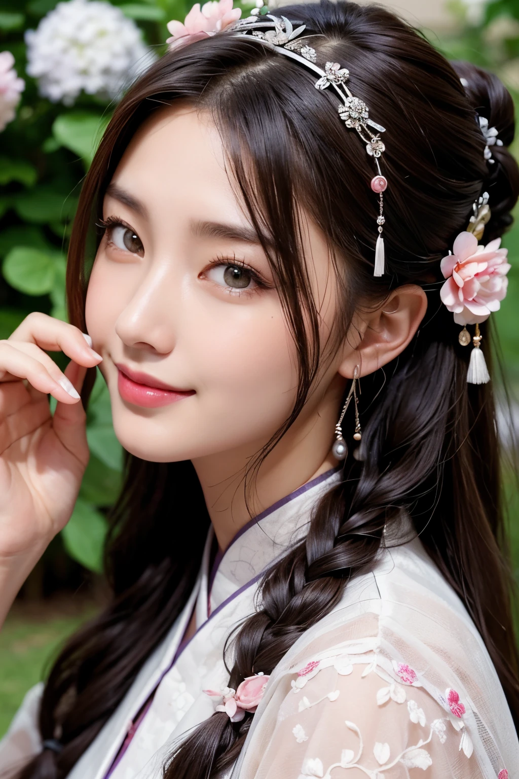 masutepiece, best, Night, fullmoon, 1 female, Mature Woman, Chinese style, Ancient China, Older sister, Royal sister, Smile, dark brown hair, Dark hair, Princess Cut, braid, Curly hair, Double ball head, pale pink lips, Calm, Intellectual, Medium Hair, green pupils, Hairpin, hydrangeas, Delicate face, Face Close-up, Hand close-up, ((facial close-up))