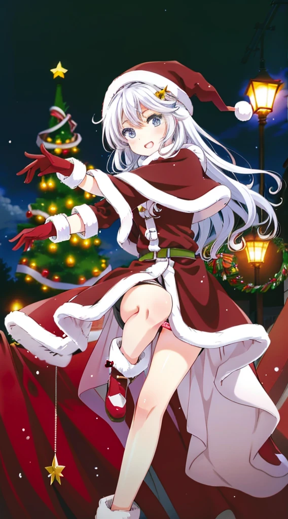 masterpiece, best quality, 1 solo girl, white hair, blue eyes, long hair, wavy hair, Christmas ornaments, medium breasts, mature body and face, red christmas dress, christmas, christmas light, christmas tree, red gloves, red santa skirt, holding gift, red bra, red panty, leg up, cowboy shots, sexy pose, dakimakura, detailed body, face, and eyes, sharp focus, vibrant, creative, dynamic, high definition, high resolution, 8k, (Upscale: R-ESRGAN 4x+ Anime6B), (Image enchance:4x), voluptuous body