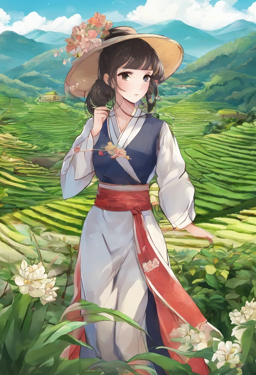 [ Amazing Cleavage | astounding | Exquisite ]【illustratio】Girl picking tea（The character composition is small）。Beautiful and cute tea picking girl（traditional student clothing），Go to tea mountains to pick tea；Carrying a small bamboo basket，Wearing a straw hat。Tea picking girl；Tea plantation in the background，Yunshan is far away。hyper HD, retinas, tmasterpiece, Acura, Anatomically correct, Award-Awarded, high high quality, high detal, super detailing, ctextured skin, Best quality at best, A high resolution, 1080p, k hd, 4K, 8K, 16k。