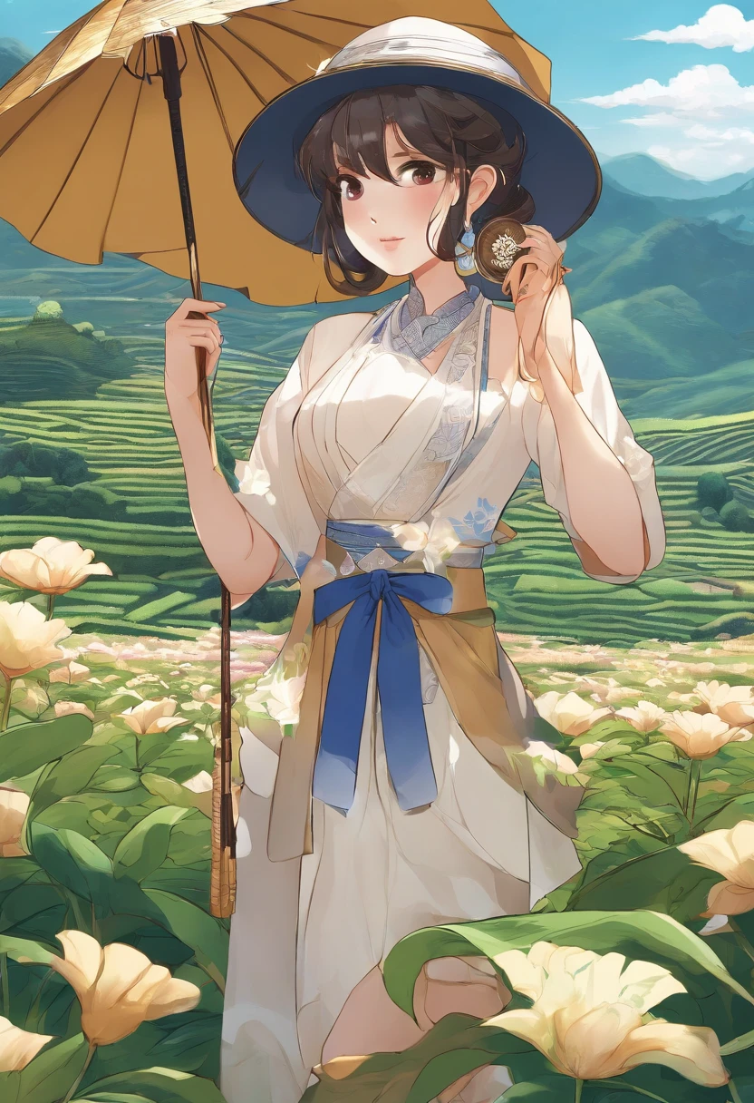 [ Amazing Cleavage | astounding | Exquisite ]【illustratio】Girl picking tea（The character composition is small）。Beautiful and cute tea picking girl（traditional student clothing），Go to tea mountains to pick tea；Carrying a small bamboo basket，Wearing a straw hat。Tea picking girl；Tea plantation in the background，Yunshan is far away。hyper HD, retinas, tmasterpiece, Acura, Anatomically correct, Award-Awarded, high high quality, high detal, super detailing, ctextured skin, Best quality at best, A high resolution, 1080p, k hd, 4K, 8K, 16k。