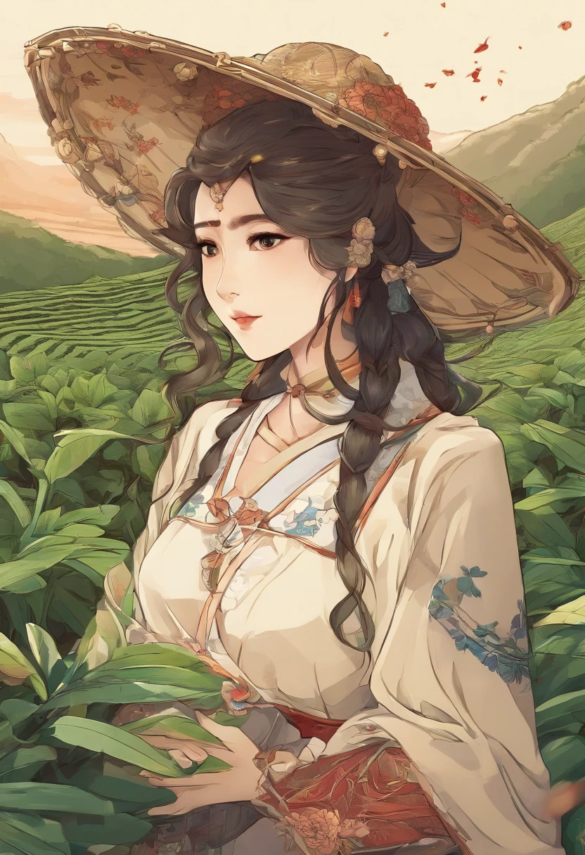 [ Amazing Cleavage | astounding | Exquisite ]【illustratio】Girl picking tea（The character composition is small）。Beautiful and cute tea picking girl（traditional student clothing），Go to tea mountains to pick tea；Carrying a small bamboo basket，Wearing a straw hat。Tea picking girl；Tea plantation in the background，Yunshan is far away。hyper HD, retinas, tmasterpiece, Acura, Anatomically correct, Award-Awarded, high high quality, high detal, super detailing, ctextured skin, Best quality at best, A high resolution, 1080p, k hd, 4K, 8K, 16k。