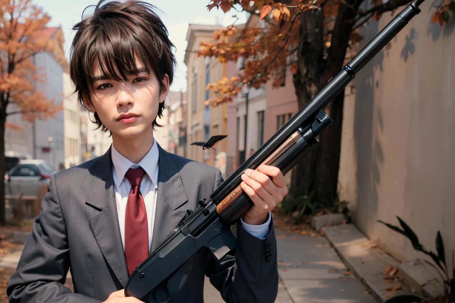 Guy with short dark brown hair and a perfect we'll kept thick eyebrows in a business suit holding a shotgun with a clean not rough face
