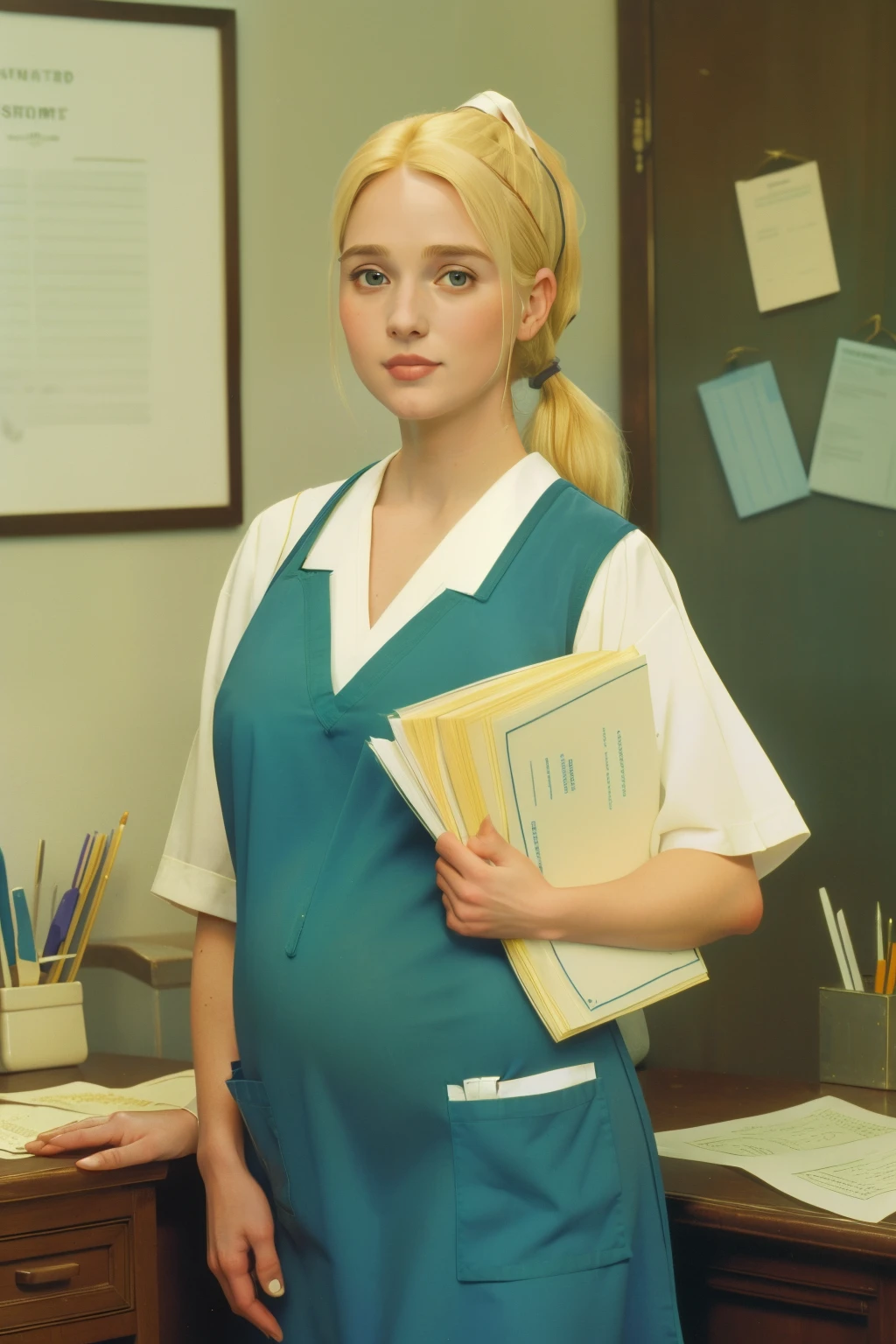 1997, Berkshire County, Massachusetts. Pre-raphaelite (((35-year-old blonde woman))), pregnant, sanitarian, happy expression, shy smile, rustic clinic, desk with documents, ((((scrubs uniform from the 1990s)))), (((blonde short hair in a ponytail))), ((Wes Anderson cinematic style)), colorful