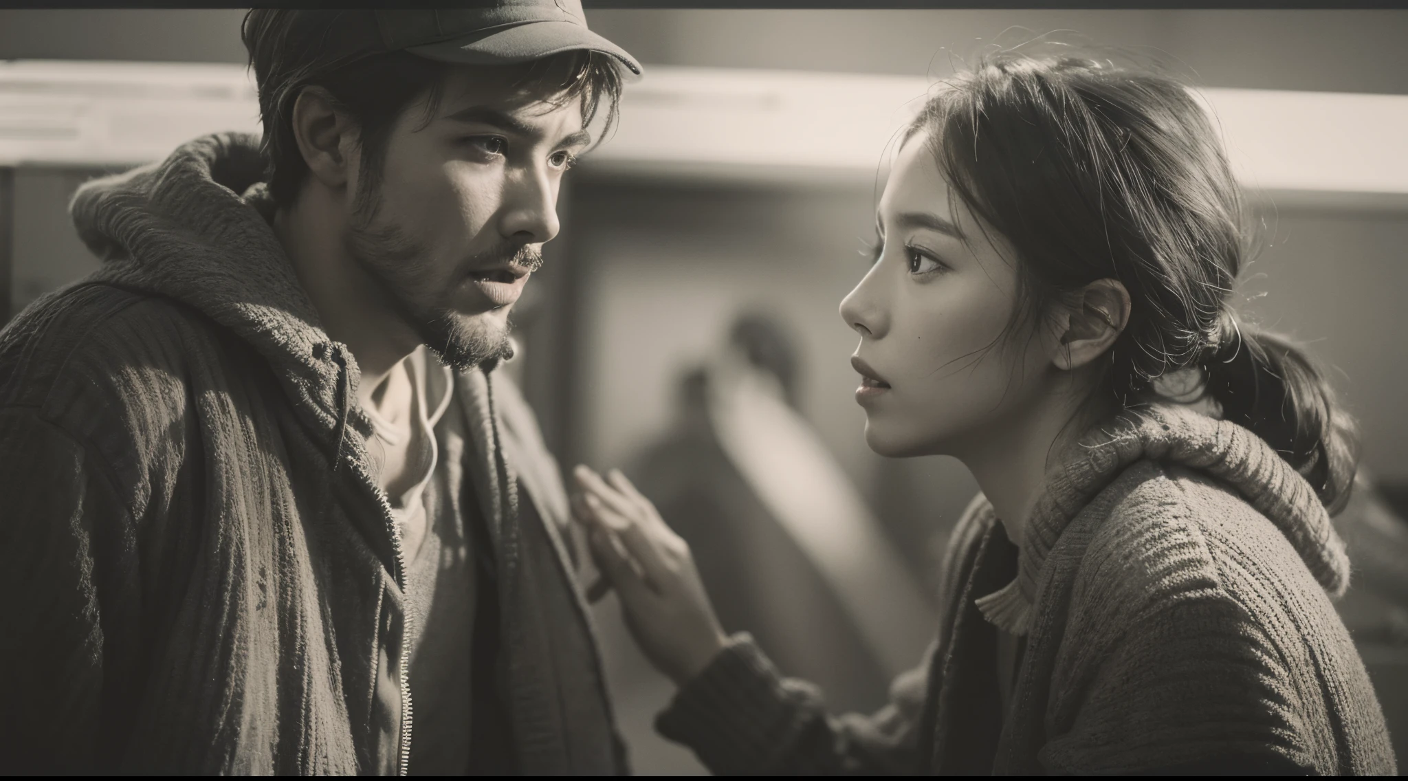 a film still of two people having an argument, 35mm, over-the-shoulder shot, duotone color grading, motion blur, adventure, ultra detail, high quality,