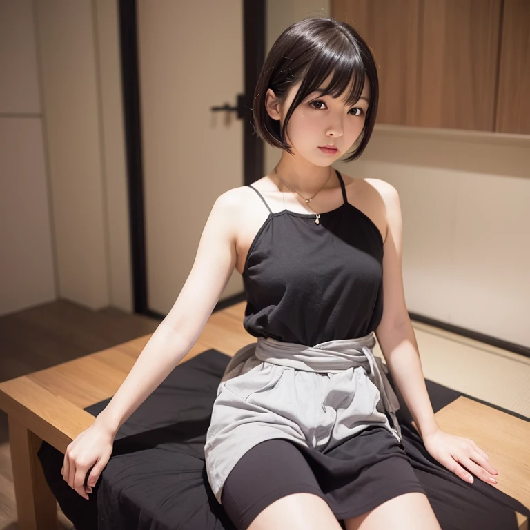  girl, Black bob cut, oversized T-shirts, bloomer, buruma, (Clothed Big Tits, huge breasts), upper waist, looking away, Subdued lighting effect, happy smile, parted lips, sitting, indian style,  bedroom,