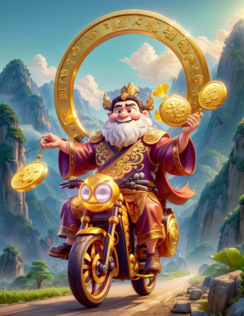 pixar style, (long shot: 1.8), (Chinese - chic Chinese mythological God of Wealth, anatomically correct, oriental elements), (a cute God of Wealth riding an e-bike with a gold ingot in his hand, Treasures Follow), (China - Stylish Illustration: 1.5, Vector Drawing: 1.5), (Chinese Colors, Advanced Color Matching, Gradient Background, White Background: 1.5), (Very Detailed, Well Designed, Clear Lines, High Definition, Best Quality, Masterpiece, Official Art, Cinematic Lighting Effects, 8K)