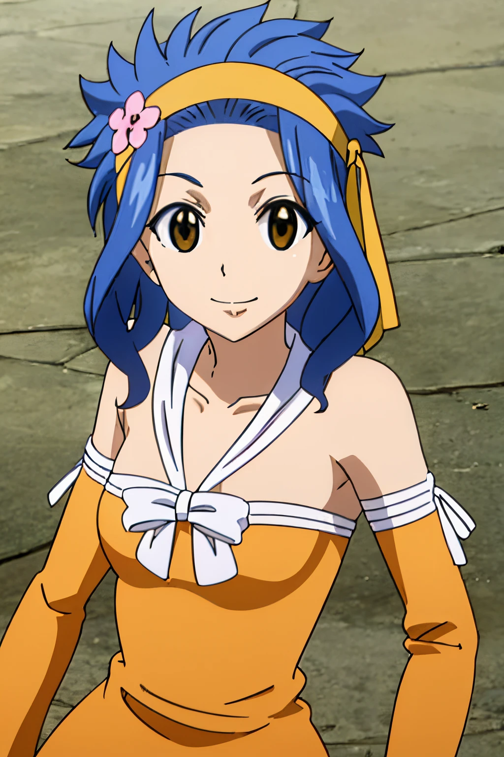 LEVY MCGARDEN, (BROWN EYES:1.35), BLUE HAIR, SHORT HAIR, SIDELOCKS, HAIR ORNAMENT, DRESS, BARE SHOULDERS, COLLARBONE, FLOWER, DETACHED SLEEVES, HAIR FLOWER, STRAPLESS, HEADBAND, SHORT DRESS, STRAPLESS DRESS, ORANGE DRESS, 1girl, solo, upper body, facing viewer, looking at viewer, smile,