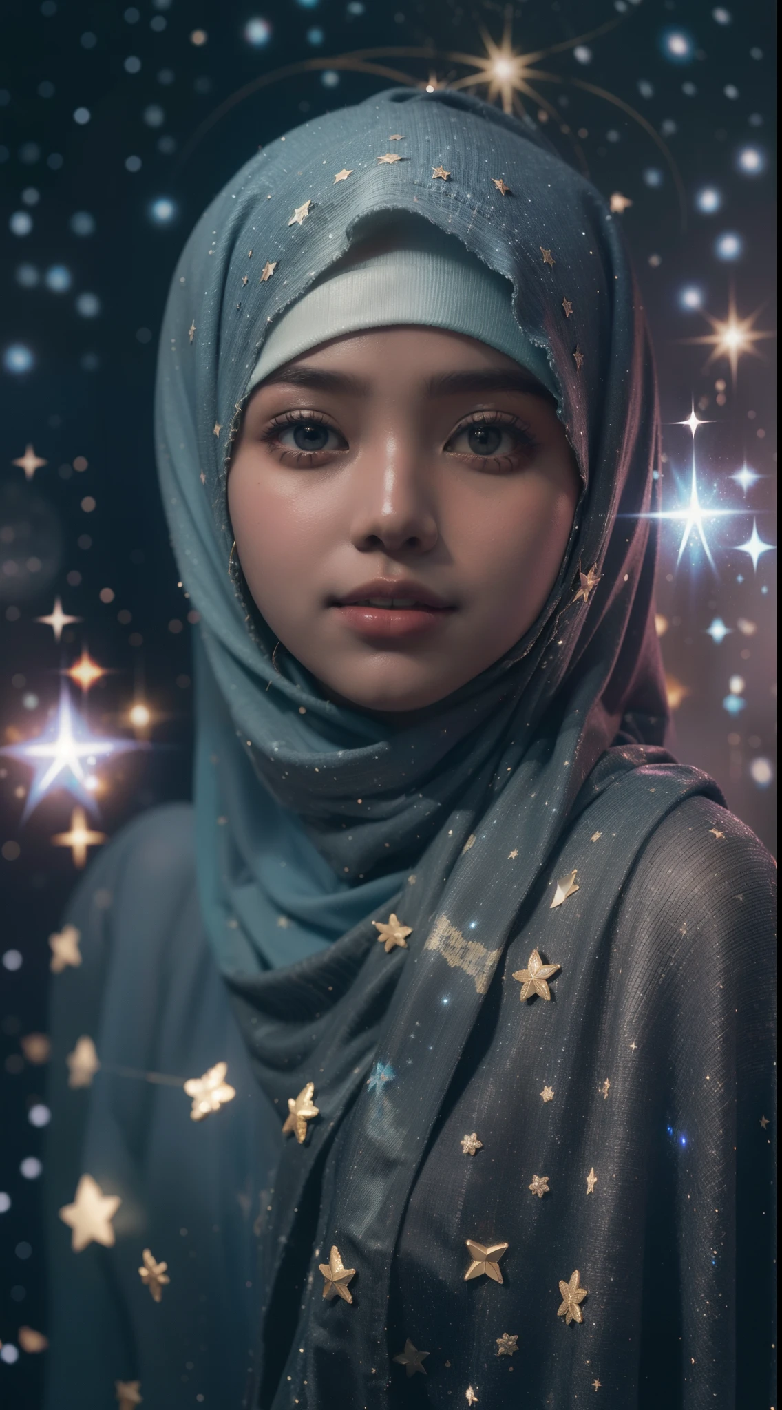 Craft a celestial-themed portrait of a Malay girl in hijab. Illuminate the hijab with stars and galaxies, blending the earthly with the cosmic in a mesmerizing and ethereal composition, 8mm, Close-up shot, cool-toned color grading, depth of field, film noir