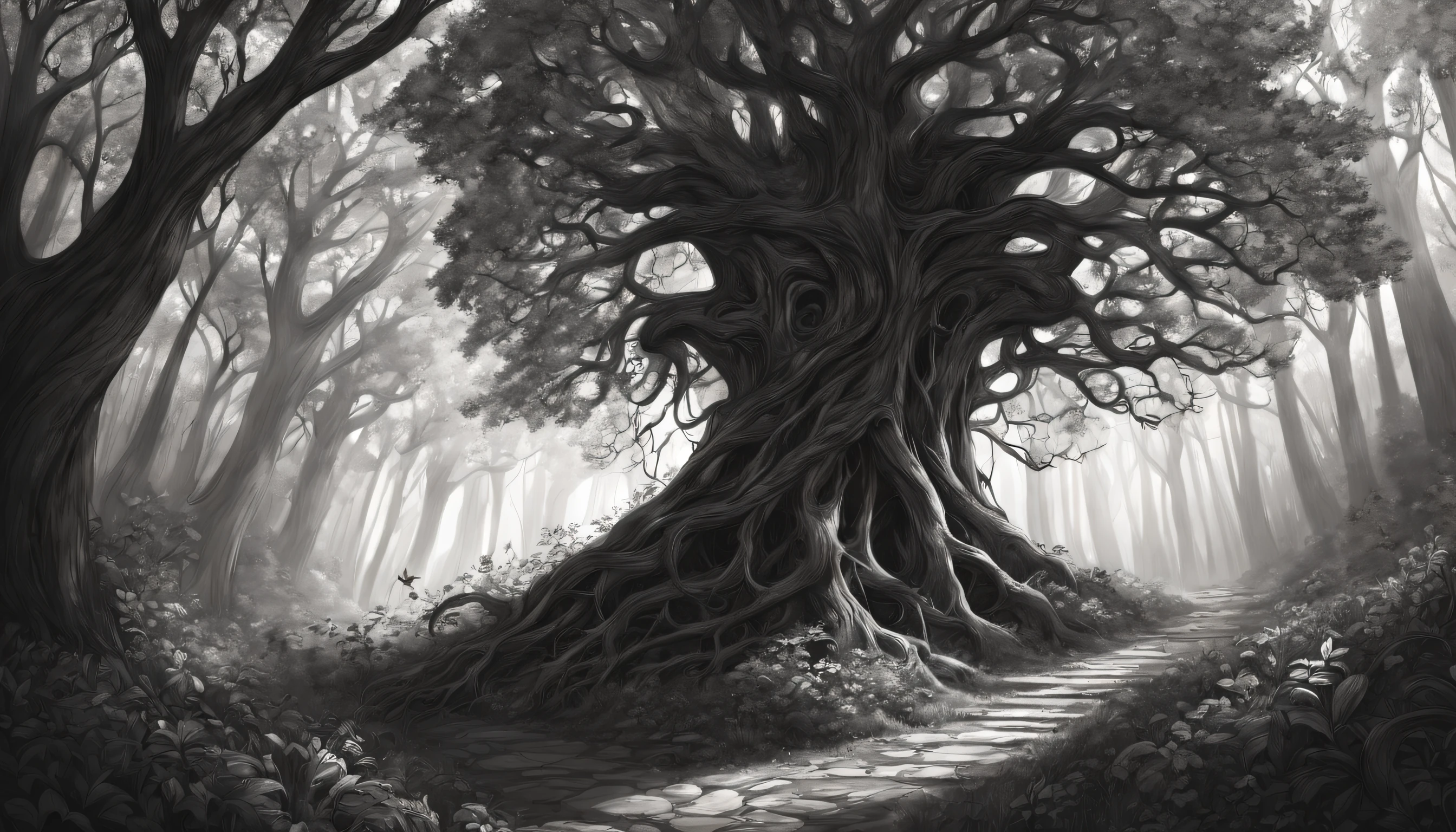 (best quality,4k,8k,highres,masterpiece:1.2),(ultra - detailed),(realisticlying:1.37).illustratio,(pencil drawing),black andwhite,ln the forest,(line art),organic lines,crooked branches,hidden path,dense foliage,Twisted vines,Intertwined tree trunks,Ethereal atmosphere,game of light and shadow,Subtle gradients、Gradient shadows、Mottled sunlight、tree crown、forest floor、bark texture、Details of leaves and branches、Fine lines、stroke technique、(Sketch-like texture)。Cover art with light abstraction, Abstract, (Simple vector art), (Hierarchical form).
