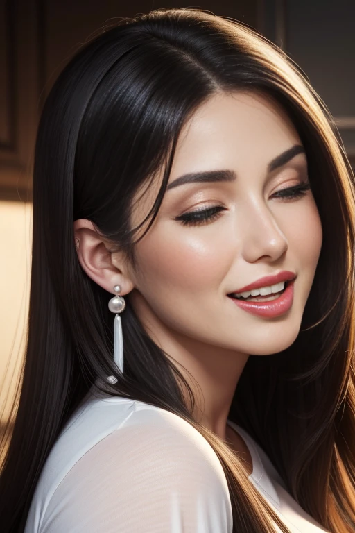Lucy Pinder, facial portrait, Red Lipstick, Smiling, Black hair, Straight long hair, long Sleeve T-Shirt, tshirts, big white pearl earrings, masutepiece, award - winning photo, Extremely detailed, edgOrgasm, Woman with mouth open and eyes closed , Skin shiny with sweat、Face Focus、Illumination that emphasizes shiny sweat{{{Spread }}}, A dark-haired、NSFW、stick out your tongue, opened up mouth, tongue out