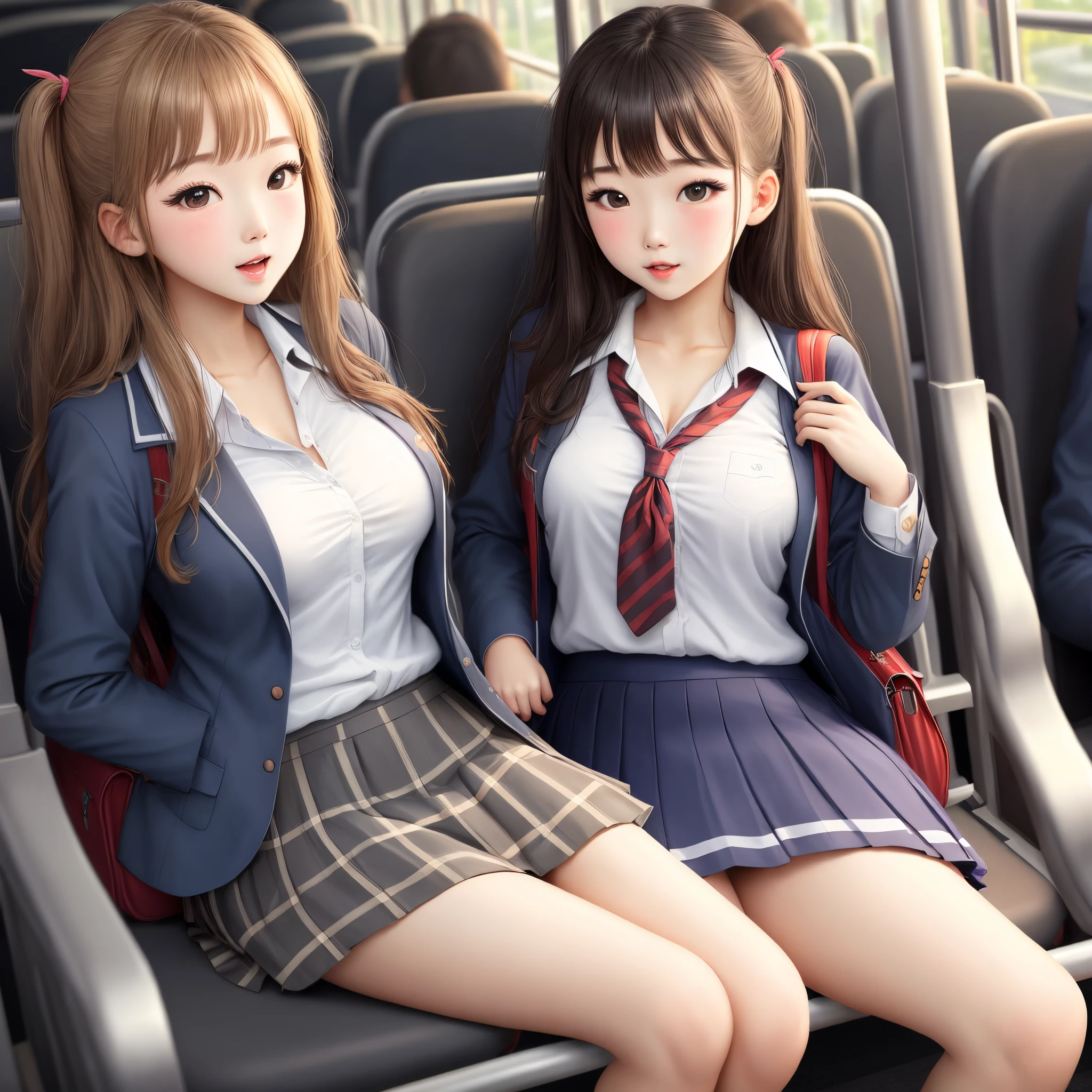 best quality, ultra high resolution, perfect anatomy, 3girls, multiple girls, school girl, sitting in a subway train, spread legs, (white panties), expose panties, front view, best shadows, volumetric lighting