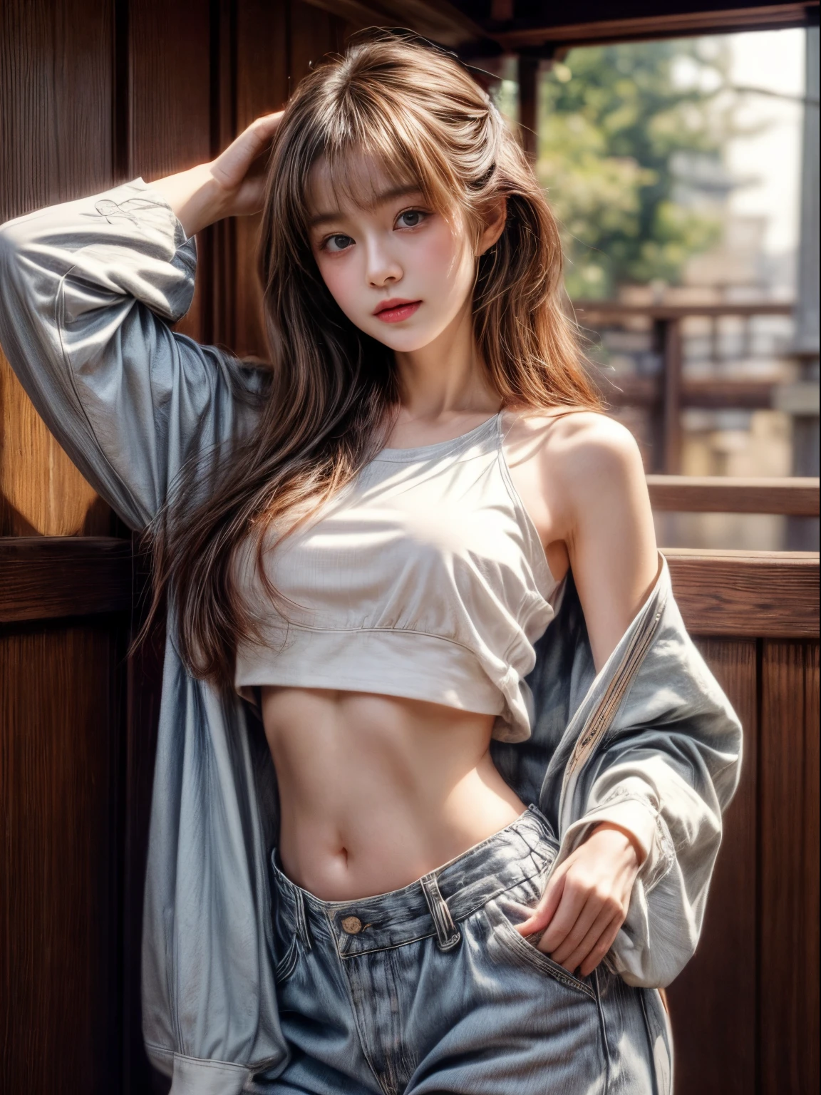 masterpiece、8K、32K、top-quality、(A detailed eye)、(A cute Japanese woman、bangss)、23years old、1 girl in、elegent、(Detailed background depiction、portlate:1.2)、(shirt lift:1.2)、(Open your clothes、crop top navel)、newyork、cowboy shot、ssmile、Forward leaning position