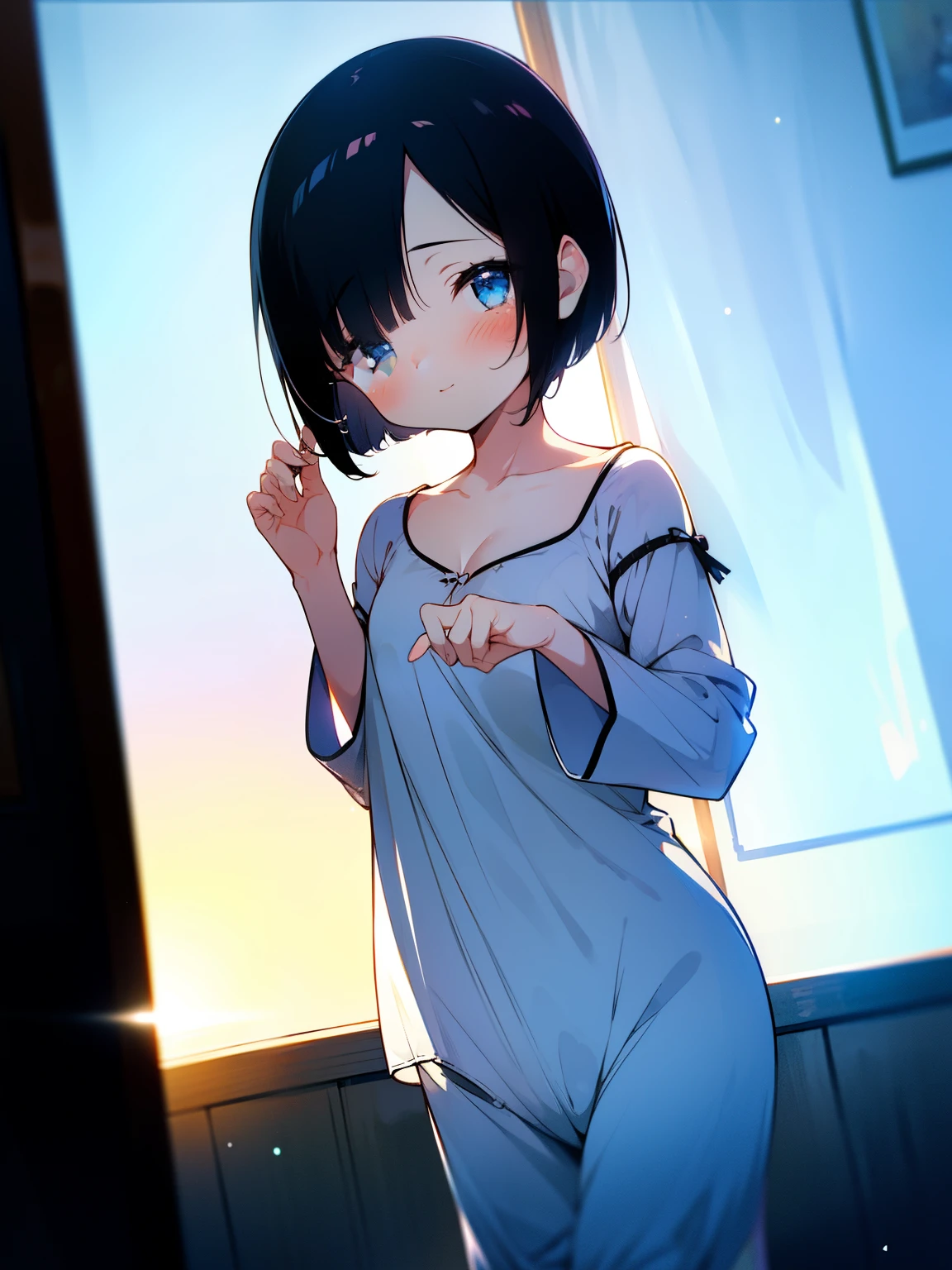 1 girl, no smile, sparkling navy blue eyes, (black hair) ((black shoulder-short hair)), ((long black bangs cover one eye)), small stature, small breasts, ****, ((cute white pajamas)), bedroom scenery, (cinematic lighting), backlighting, (shaded), detailed background, clear image, ((perfect hand))