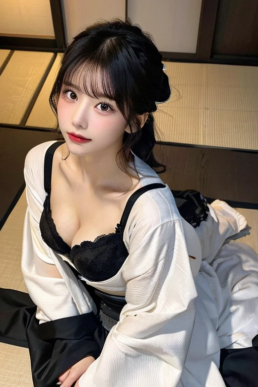 highest quality、8k quality、20-year-old woman covering her breasts with her hands、A Japanese kimono worn loosely、Photoshoot on the bed、Beautiful thighs、Soft breasts、Looking up at the photographer、Shot from the top of the front、Well-groomed, mature face、Beautiful cleavage、Tall and small face、Up ponytail