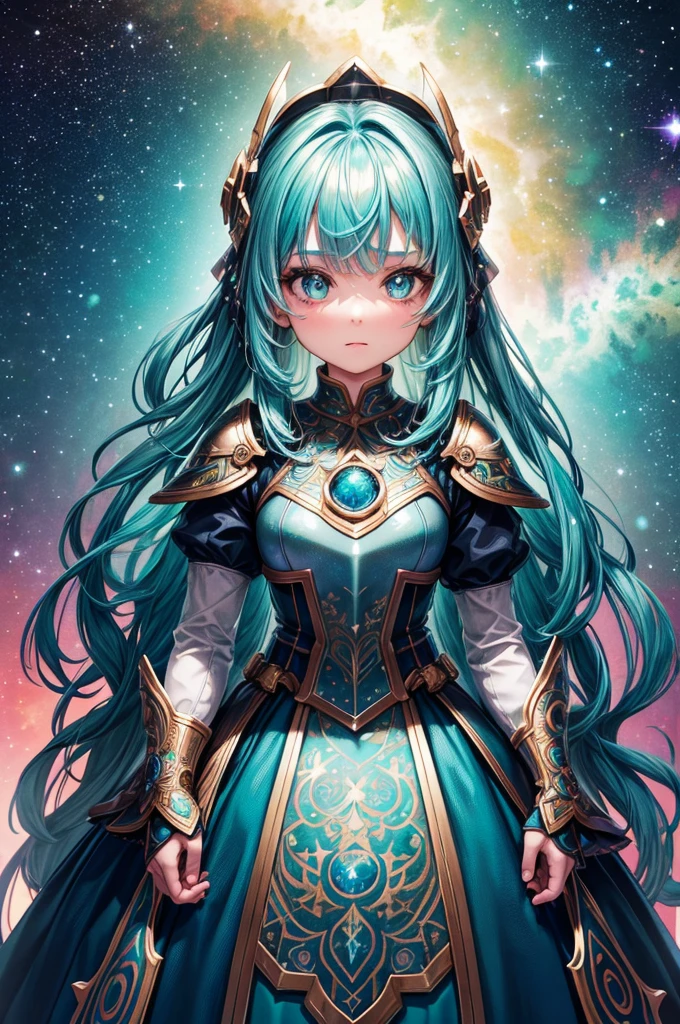 Girl with iridescent hair and detailed teal dress armor, Standing, rainbow colored cosmic nebula background, Stars, intergalactic, Intricate details, Perfect face,